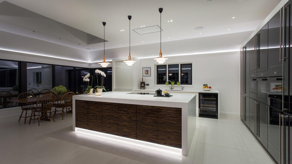 beautiful black and white kitchen with lighting