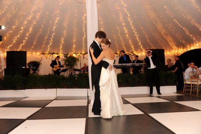 Bride and Groom Dancing on Portable Black and White Dancefloor