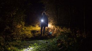 picture of a person in the dark outside holding a search and rescue flashlight