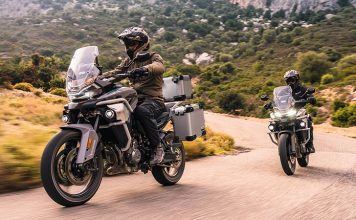 Two bikers riding CFMoto 800 adventurers