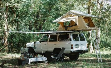 white SUV with essential camping equipment for it